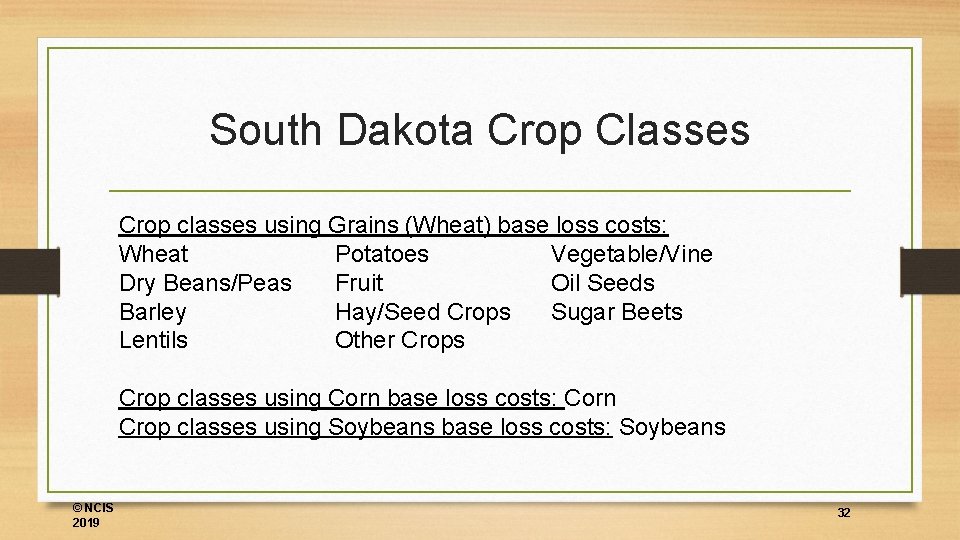 South Dakota Crop Classes Crop classes using Grains (Wheat) base loss costs: Wheat Potatoes