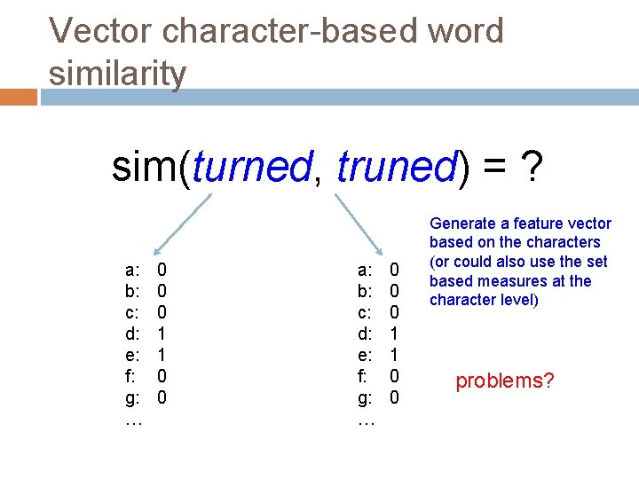Vector character-based word similarity sim(turned, truned) = ? a: b: c: d: e: f: