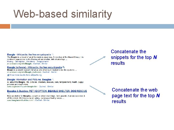 Web-based similarity Concatenate the snippets for the top N results Concatenate the web page