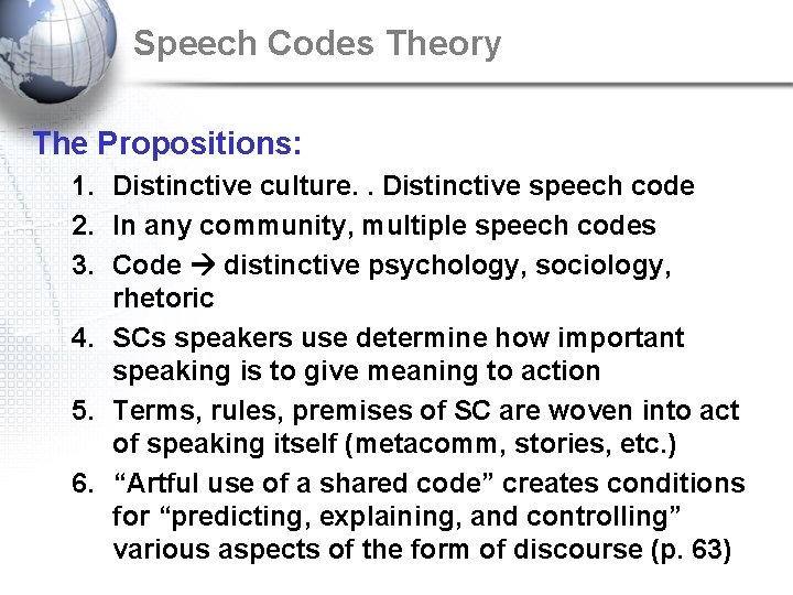 Speech Codes Theory The Propositions: 1. Distinctive culture. . Distinctive speech code 2. In