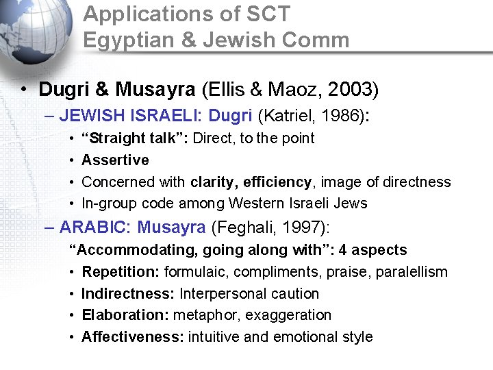 Applications of SCT Egyptian & Jewish Comm • Dugri & Musayra (Ellis & Maoz,
