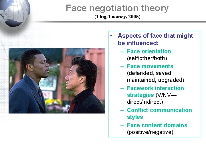 Face negotiation theory (Ting-Toomey, 2005) • Aspects of face that might be influenced: –