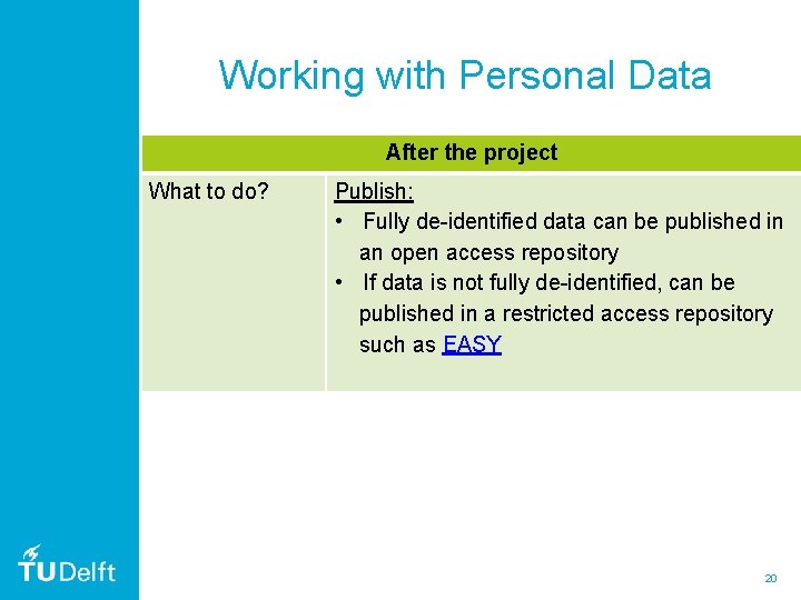 Working with Personal Data After the project What to do? Publish: • Fully de-identified Working with Personal Data After the project What to do? Publish: • Fully de-identified