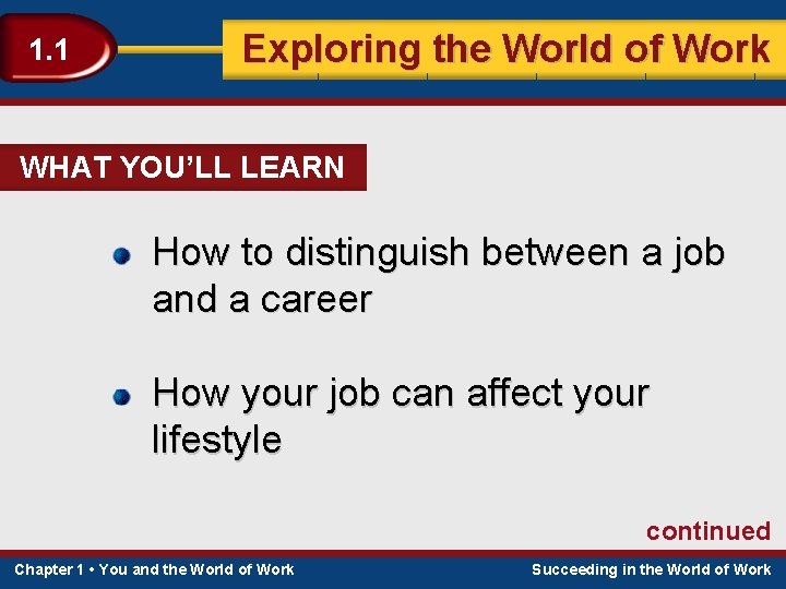 1. 1 Exploring the World of Work WHAT YOU’LL LEARN How to distinguish between