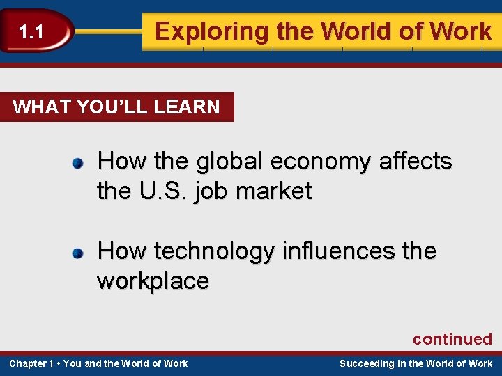 1. 1 Exploring the World of Work WHAT YOU’LL LEARN How the global economy