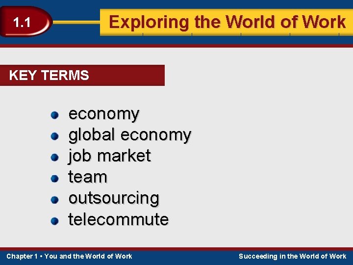 Exploring the World of Work 1. 1 KEY TERMS economy global economy job market