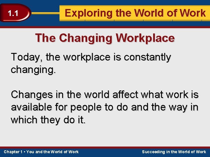 1. 1 Exploring the World of Work The Changing Workplace Today, the workplace is