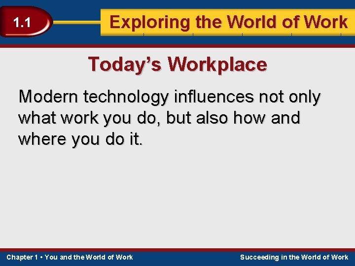 1. 1 Exploring the World of Work Today’s Workplace Modern technology influences not only