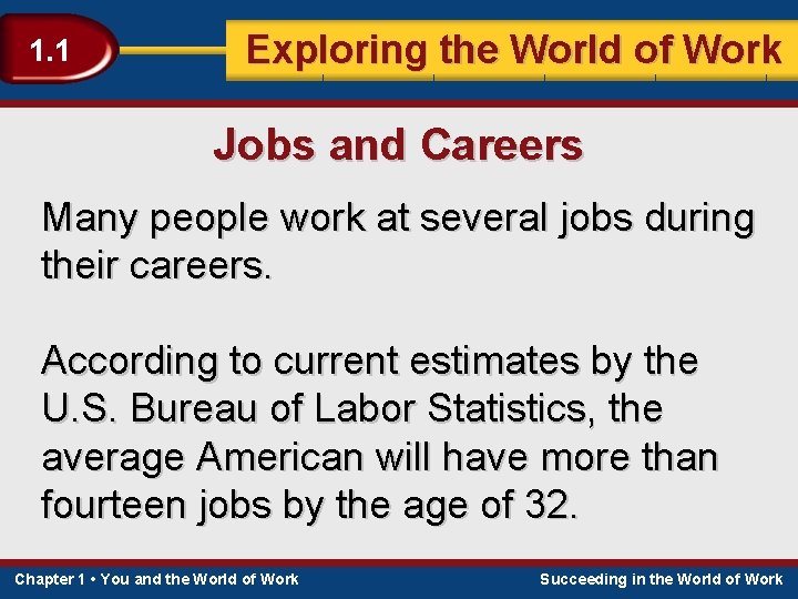 1. 1 Exploring the World of Work Jobs and Careers Many people work at