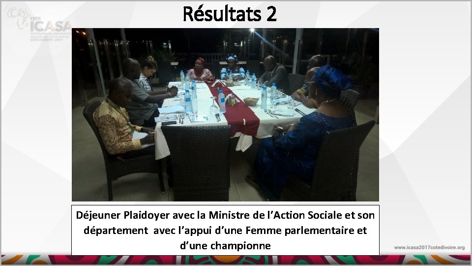 Résultats 2 Déjeuner Plaidoyer avec la Ministre de l’Action Sociale et son département avec