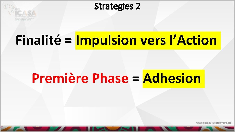 Strategies 2 Finalité = Impulsion vers l’Action Première Phase = Adhesion 