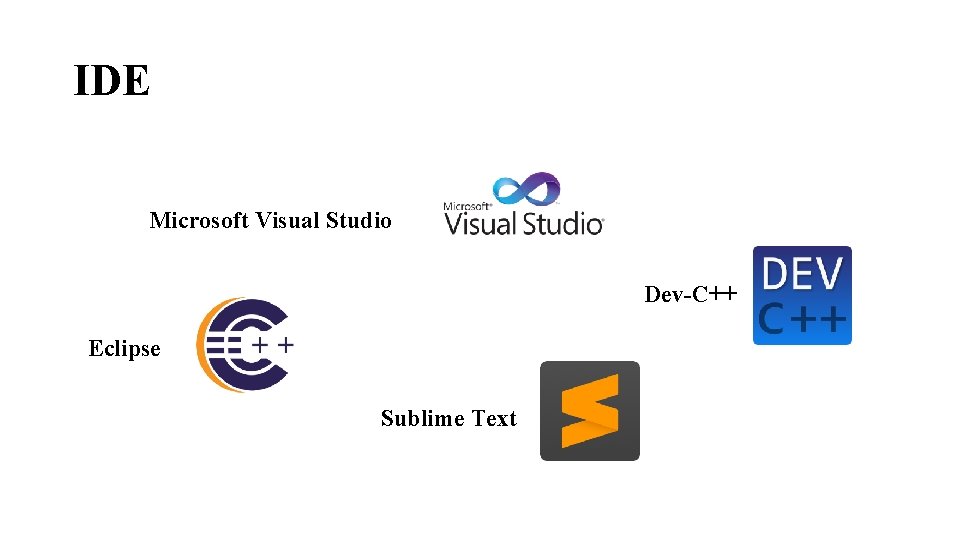 IDE Microsoft Visual Studio Dev-C++ Eclipse Sublime Text 