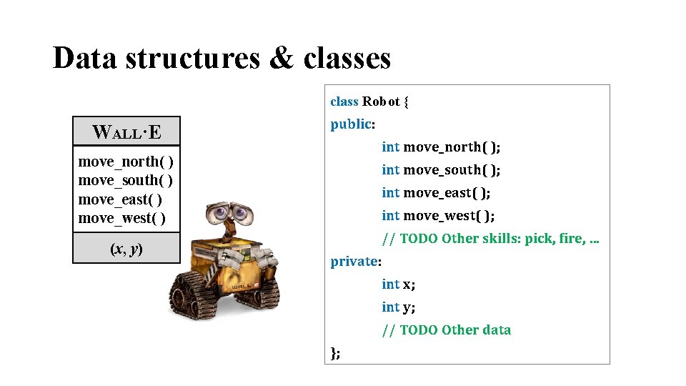 Data structures & classes class Robot { WALL·E public: int move_north( ); move_north( )