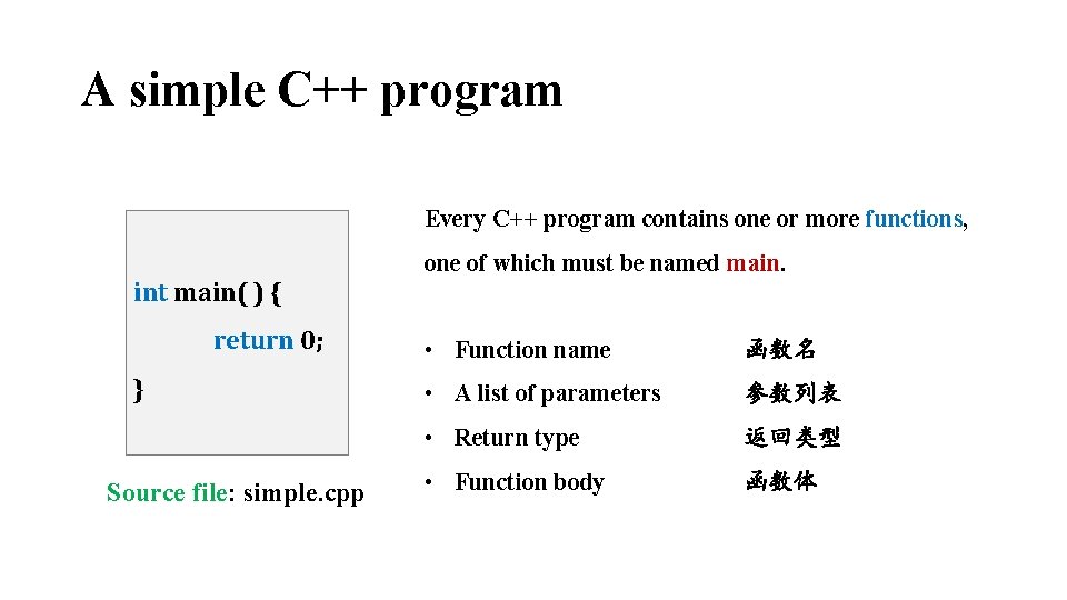 A simple C++ program Every C++ program contains one or more functions, one of