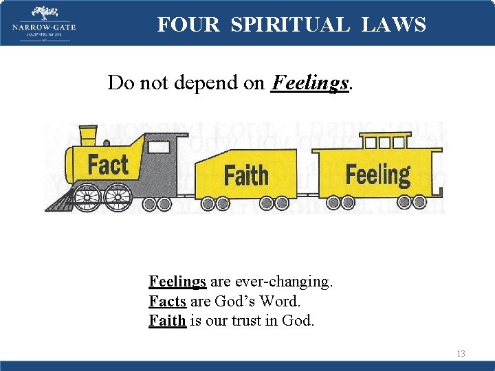 FOUR SPIRITUAL LAWS Do not depend on Feelings are ever-changing. Facts are God’s Word.