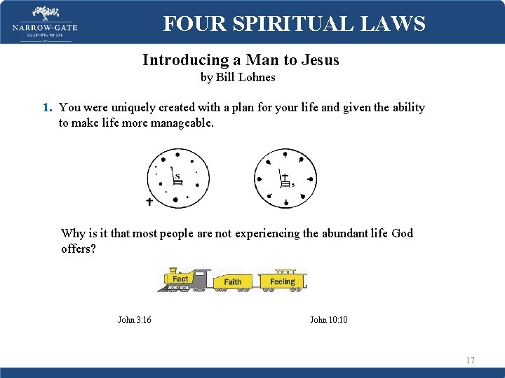 FOUR SPIRITUAL LAWS Introducing a Man to Jesus by Bill Lohnes 1. You were