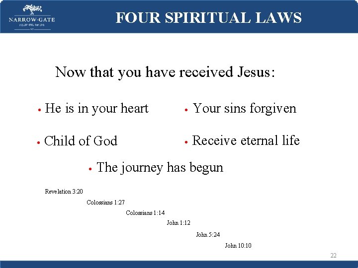 FOUR SPIRITUAL LAWS Now that you have received Jesus: • He is in your
