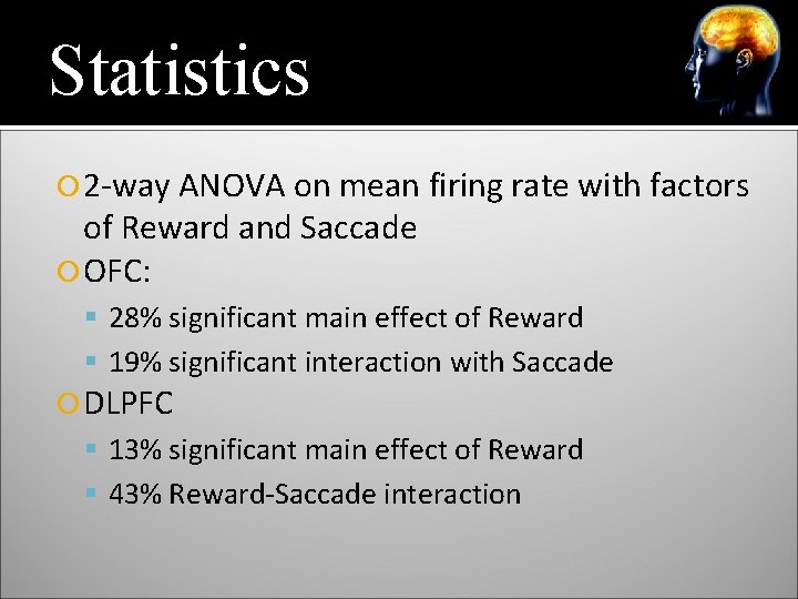 Statistics 2 -way ANOVA on mean firing rate with factors of Reward and Saccade