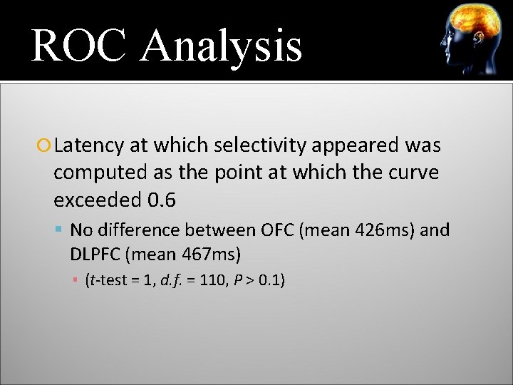 ROC Analysis Latency at which selectivity appeared was computed as the point at which