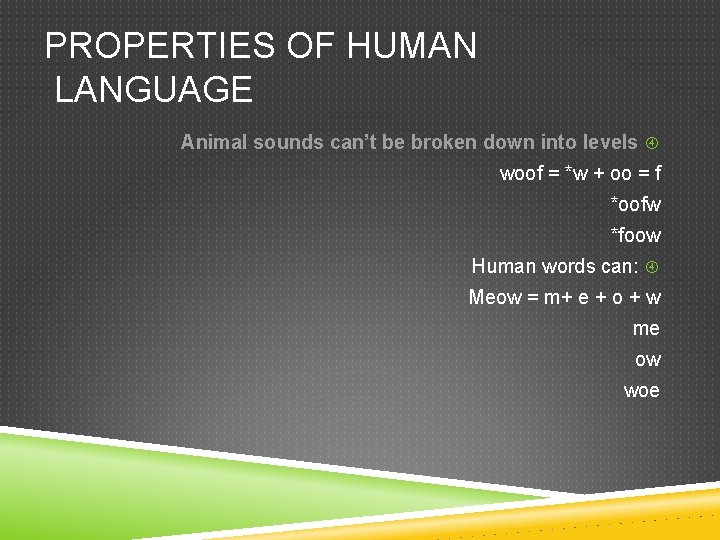 PROPERTIES OF HUMAN LANGUAGE Animal sounds can’t be broken down into levels woof =