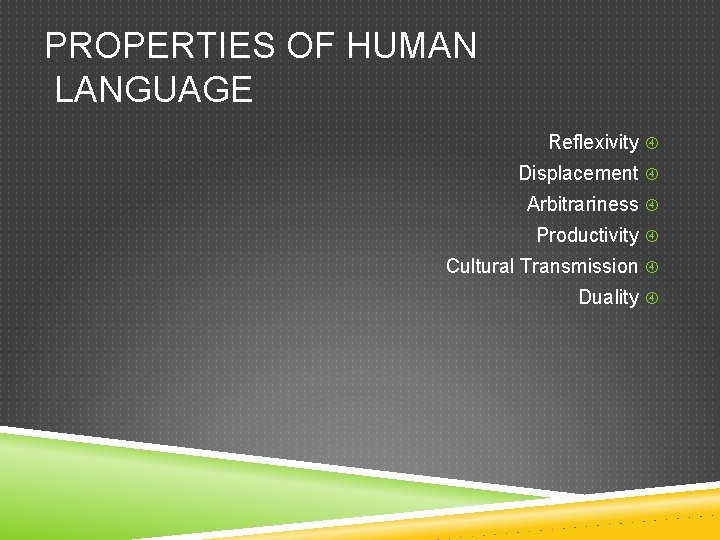 PROPERTIES OF HUMAN LANGUAGE Reflexivity Displacement Arbitrariness Productivity Cultural Transmission Duality 