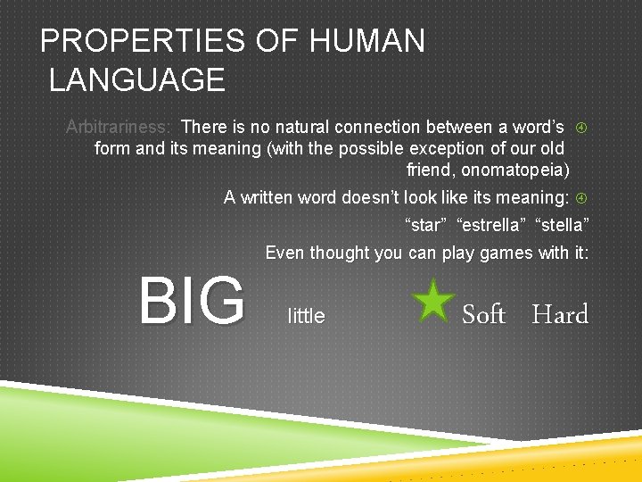 PROPERTIES OF HUMAN LANGUAGE Arbitrariness: There is no natural connection between a word’s form