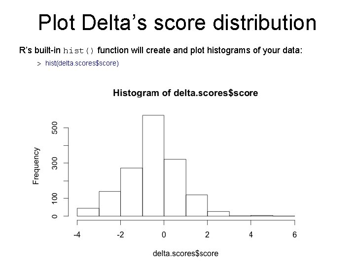 Plot Delta’s score distribution R’s built-in hist() function will create and plot histograms of Plot Delta’s score distribution R’s built-in hist() function will create and plot histograms of