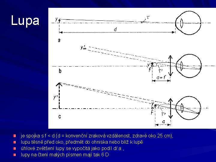 Lupa je spojka s f < d (d = konvenční zraková vzdálenost, zdravé oko