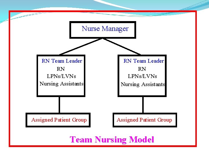 Nurse Manager RN Team Leader RN LPNs/LVNs Nursing Assistants Assigned Patient Group Team Nursing