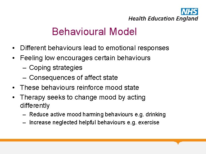 Behavioural Model • Different behaviours lead to emotional responses • Feeling low encourages certain