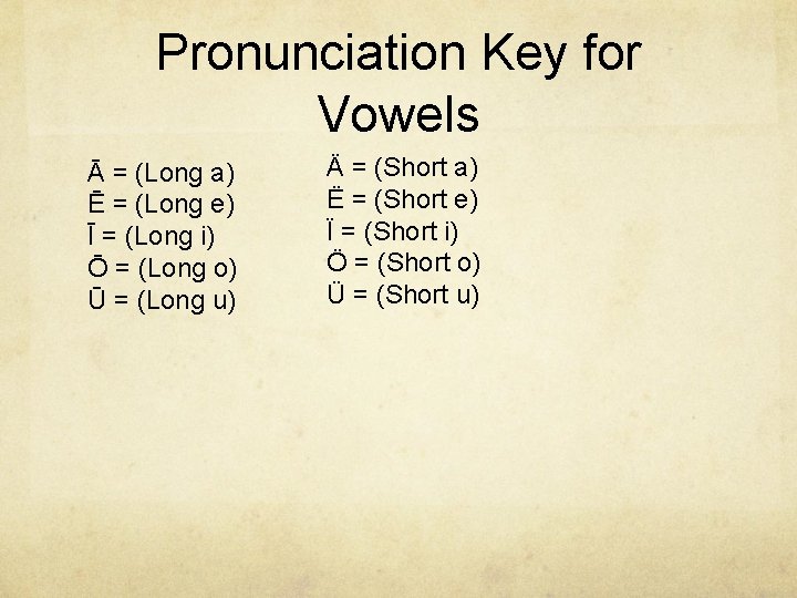 Pronunciation Key for Vowels Ā = (Long a) Ē = (Long e) Ī =