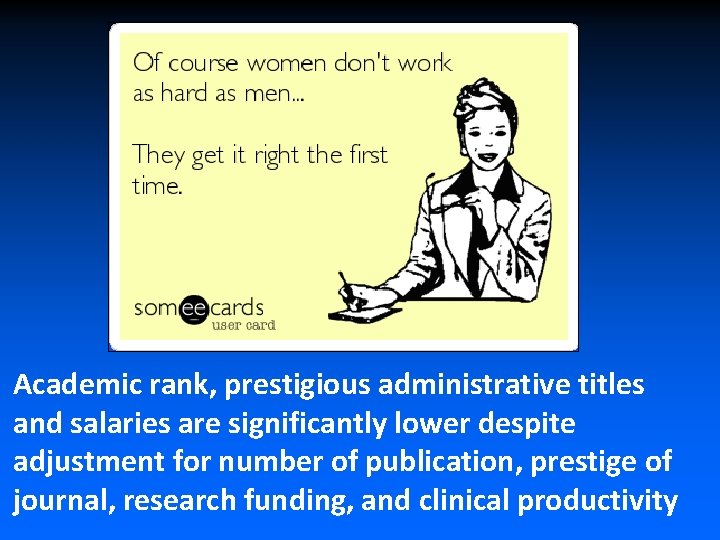 Academic rank, prestigious administrative titles and salaries are significantly lower despite adjustment for number