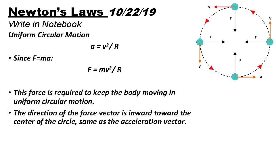 Newton’s Laws 10/22/19 Write in Notebook Uniform Circular Motion a = v 2/ R