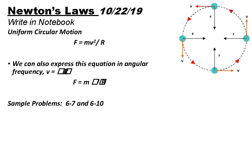 Newton’s Laws 10/22/19 Write in Notebook Uniform Circular Motion F = mv 2/ R