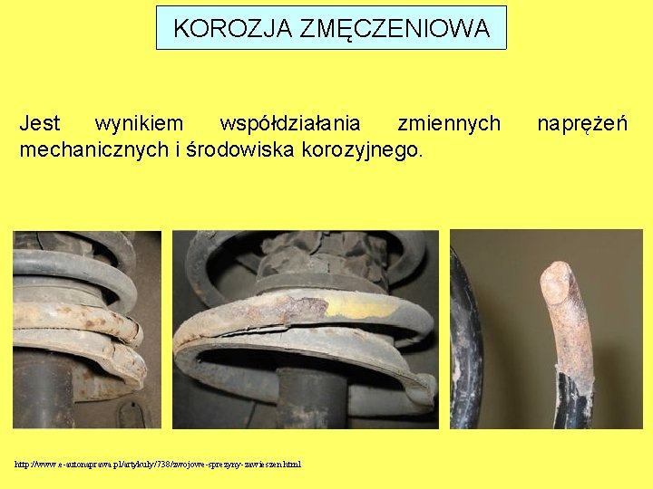 KOROZJA ZMĘCZENIOWA Jest wynikiem współdziałania zmiennych mechanicznych i środowiska korozyjnego. http: //www. e-autonaprawa. pl/artykuly/738/zwojowe-sprezyny-zawieszen.