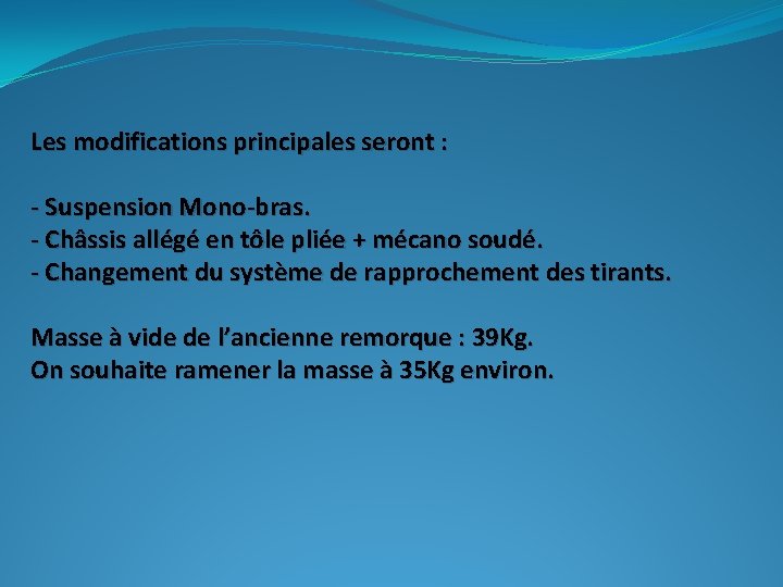Les modifications principales seront : - Suspension Mono-bras. - Châssis allégé en tôle pliée Les modifications principales seront : - Suspension Mono-bras. - Châssis allégé en tôle pliée