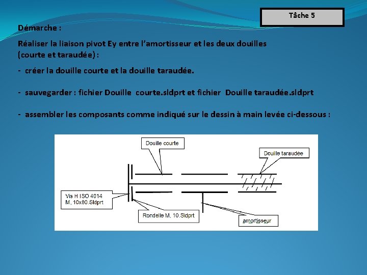 Tâche 5 Démarche : Réaliser la liaison pivot Ey entre l’amortisseur et les deux Tâche 5 Démarche : Réaliser la liaison pivot Ey entre l’amortisseur et les deux