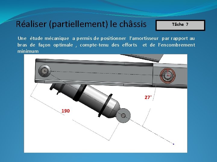 Réaliser (partiellement) le châssis Tâche 7 Une étude mécanique a permis de positionner l’amortisseur Réaliser (partiellement) le châssis Tâche 7 Une étude mécanique a permis de positionner l’amortisseur