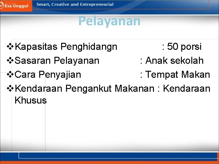 Pelayanan v. Kapasitas Penghidangn : 50 porsi v. Sasaran Pelayanan : Anak sekolah v.