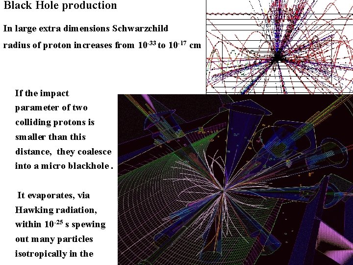 Black Hole production In large extra dimensions Schwarzchild radius of proton increases from 10 Black Hole production In large extra dimensions Schwarzchild radius of proton increases from 10