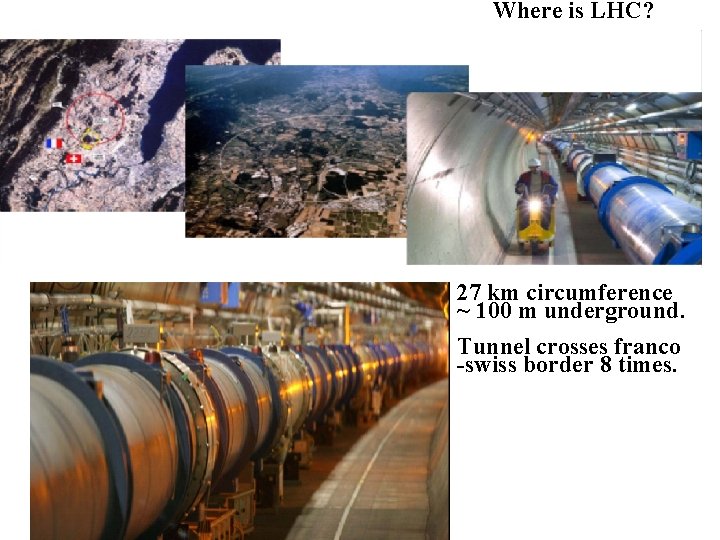 Where is LHC? 27 km circumference ~ 100 m underground. Tunnel crosses franco -swiss Where is LHC? 27 km circumference ~ 100 m underground. Tunnel crosses franco -swiss