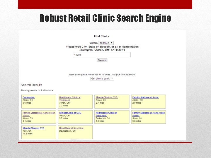 Robust Retail Clinic Search Engine 