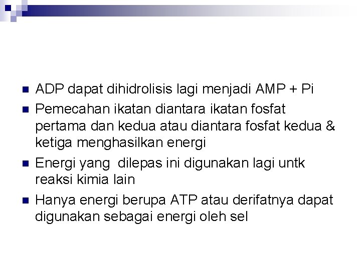 n n ADP dapat dihidrolisis lagi menjadi AMP + Pi Pemecahan ikatan diantara ikatan