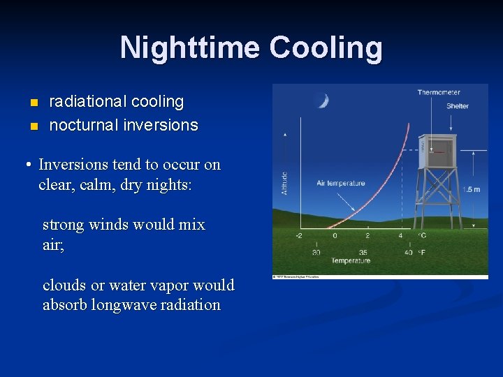 Nighttime Cooling n n radiational cooling nocturnal inversions • Inversions tend to occur on