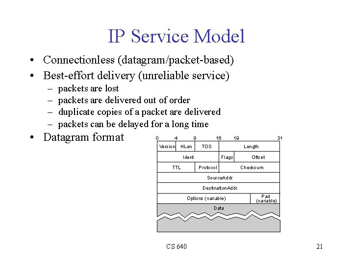 IP Service Model • Connectionless (datagram/packet-based) • Best-effort delivery (unreliable service) – – packets