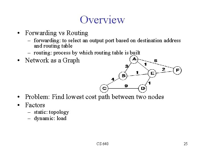 Overview • Forwarding vs Routing – forwarding: to select an output port based on