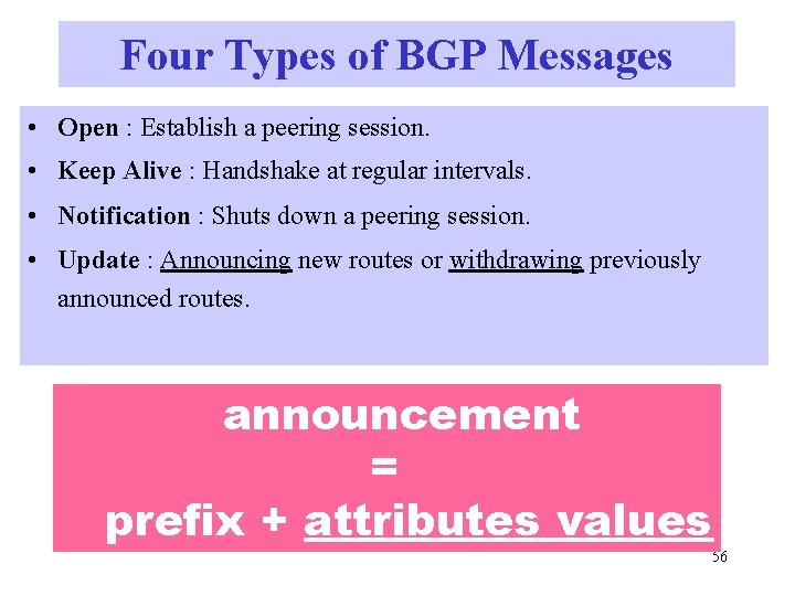 Four Types of BGP Messages • Open : Establish a peering session. • Keep
