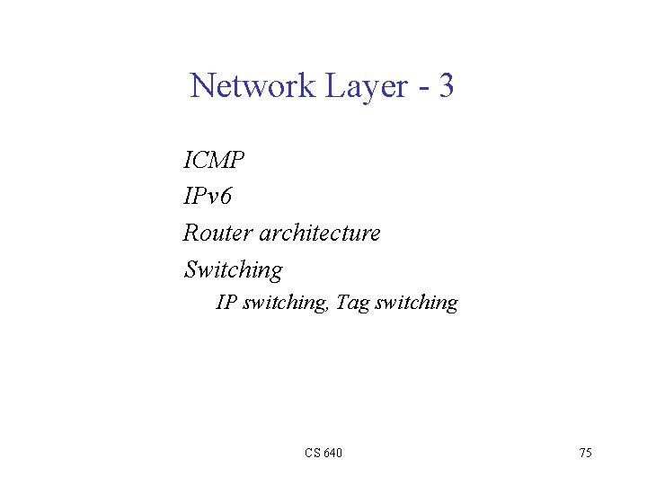 Network Layer - 3 ICMP IPv 6 Router architecture Switching IP switching, Tag switching