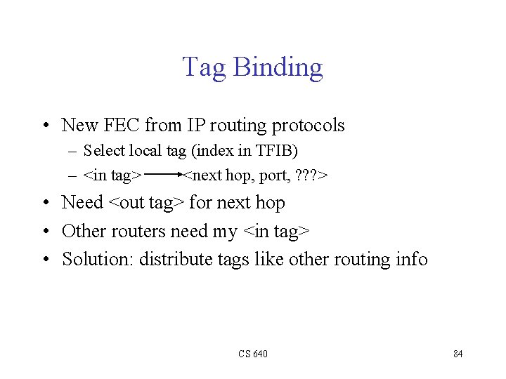 Tag Binding • New FEC from IP routing protocols – Select local tag (index