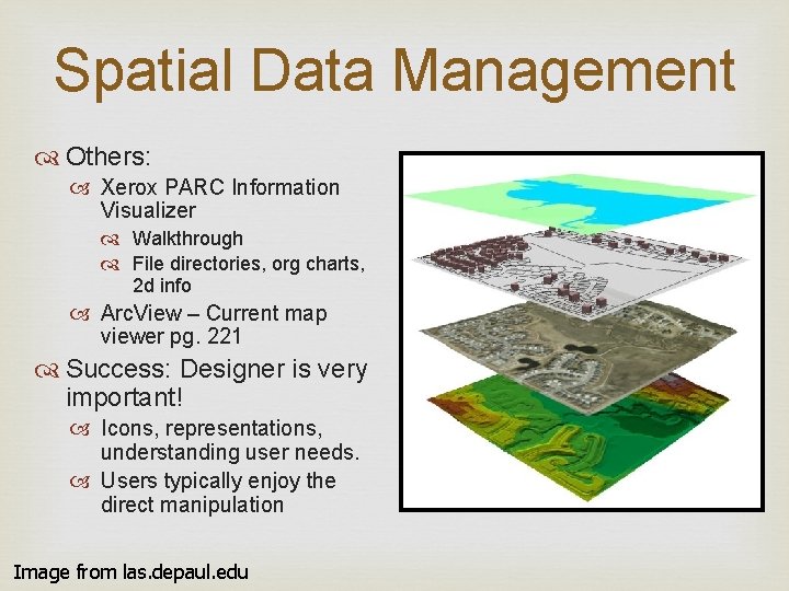 Spatial Data Management Others: Xerox PARC Information Visualizer Walkthrough File directories, org charts, 2